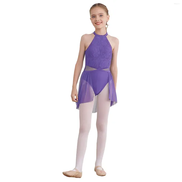 Abbigliamento da palcoscenico Bambini Ragazze Orlo irregolare Tutù di balletto Gonne Body Abito Pizzo Floreale Cava sul retro Aperto sul davanti Lirico Contemporaneo Danza