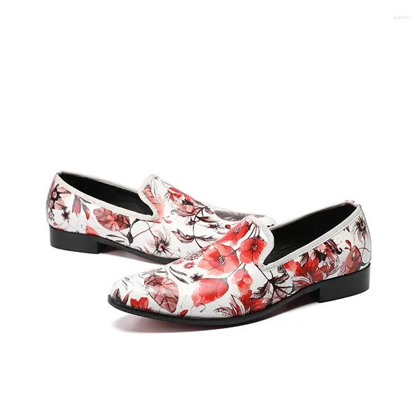 Sapatos de vestido branco impressão flor deslizamento-on oxford moda falt couro apontou toe para homens negócios ao ar livre casual