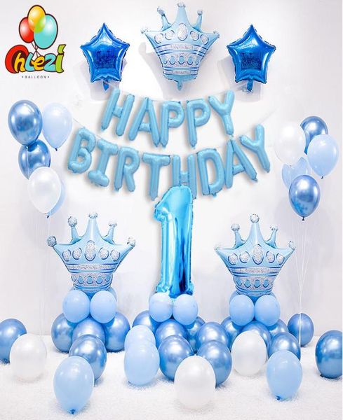 1 set mavi pembe taç doğum günü balonları helyum numarası folyo balon için erkek bebek kız 1 doğum günü parti dekorasyonları çocuklar duş t23173465