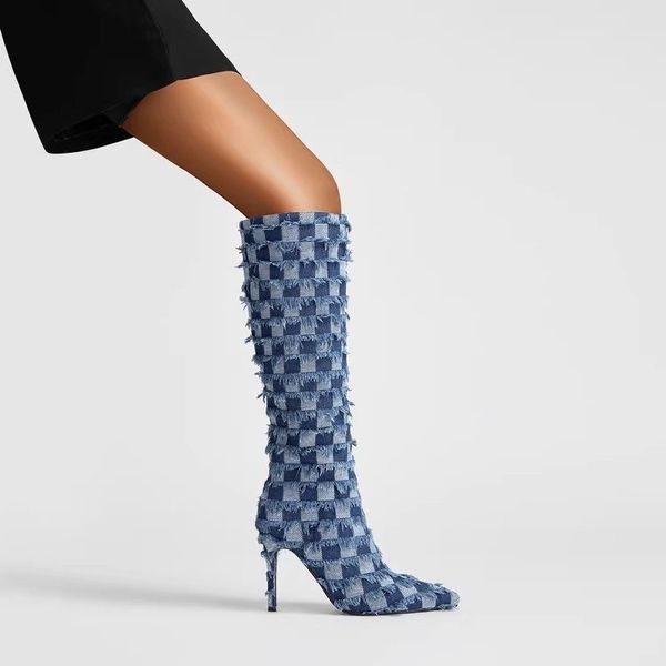 Diz deliğinin üzerinde yeni derin ayak parmağı jean botları kadınların uzun sıkı tıknaz topuk yaz botları platform yüksek topuklu tasarımcı kadın ayakkabıları