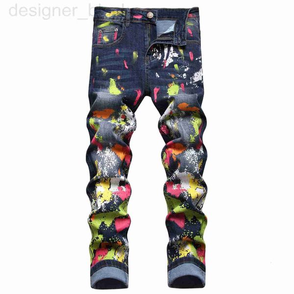 Jeans masculinos designer jeans vento elástico rua na moda impressão digital colorido bin fen graffiti personalizado moda calças jeans 9q2e