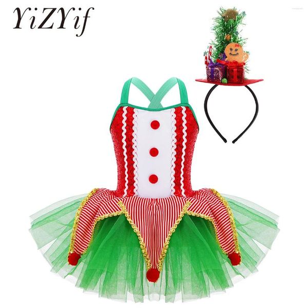 Abbigliamento da palcoscenico Vestito da ballo natalizio per bambina, senza maniche, palline di peluche, body da balletto, tutù con cerchio per capelli, costume da pattinaggio di figura per bambini