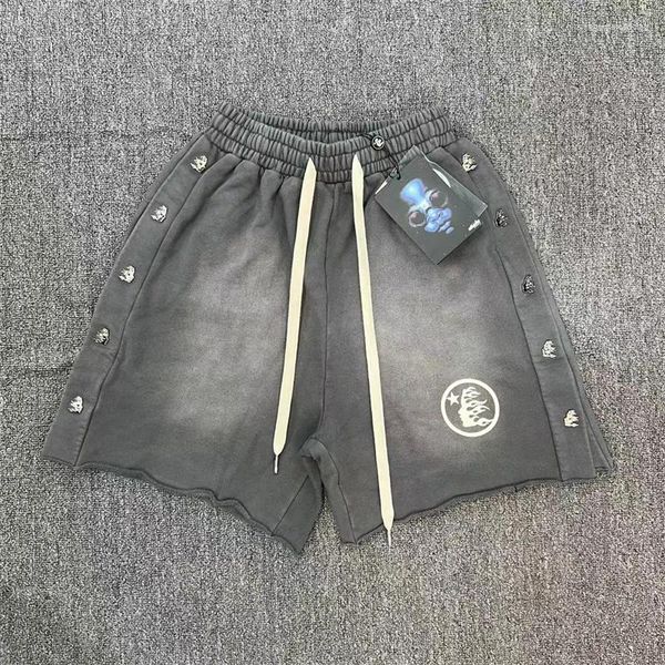 Shorts masculinos Hellstar Retro Lavado Cinza Impresso Fivela Lateral Personalizado Cordão 1:1 Etiqueta Casal de Alta Qualidade Casual
