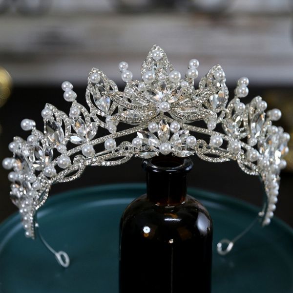 Accessori per capelli da sposa con corona di perle di cristallo di lusso. Eleganti fasce per abiti da festa di nozze per ragazze, diademi della regina coreana