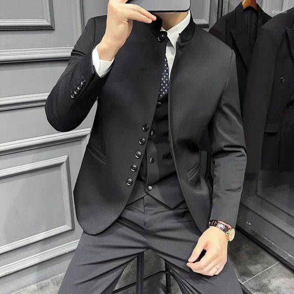 Ternos masculinos estilo chinês gola terno de três peças (jaqueta colete calças) casual vestido de negócios escritório trabalho baile roupas masculinas