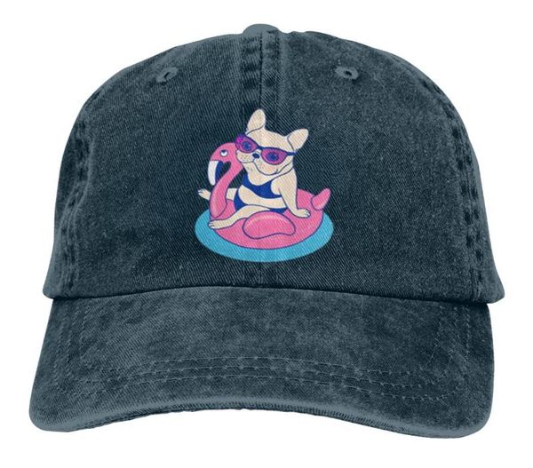 Berets Frenchie On Flamingo Pool Float Erwachsenen-Denim-Sonnenhut, klassische Vintage-verstellbare Baseballkappe5640350