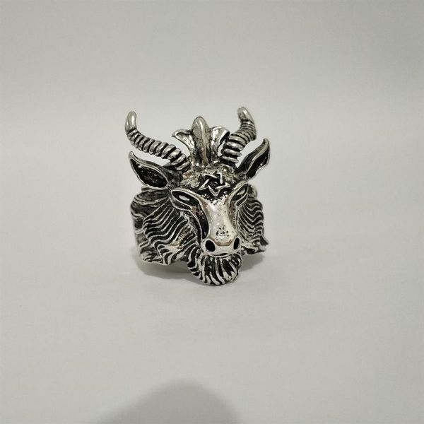 Retro Pecora Capra Corno Testa Anello per dito Culto di Satana Baphomet Ariete Zodiaco Wicca Stella per uomo Ragazzo Regalo Punk Biker Gioielli animali239l