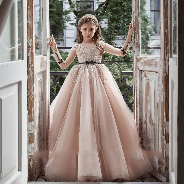 Элегантное иллюзорное платье телесного цвета с длинными рукавами для девочек-цветочниц, 2024 г., кружевное платье принцессы с аппликацией, сверкающее бисером, детское платье для первого причастия