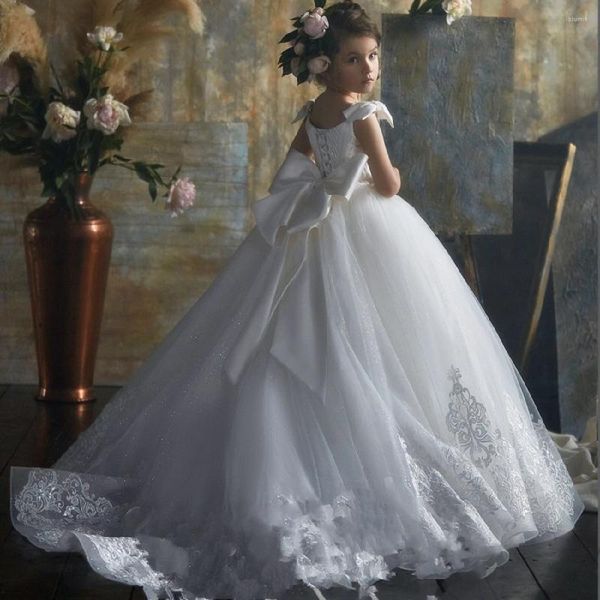 Abiti da ragazza Delicato tulle con stampa in pizzo Angelo bianco Prima comunione Regalo di compleanno a sorpresa per bambini Abito a fiori Spettacolo di ballo da principessa