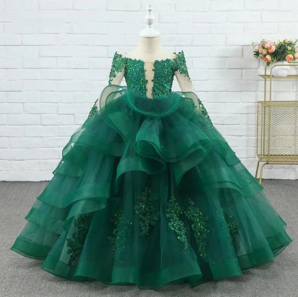 Abiti da ragazza Splendido abito da ballo verde smeraldo Abito da principessa a fiori Corsetto da sposa sul retro Maniche lunghe Prima comunione per bambini