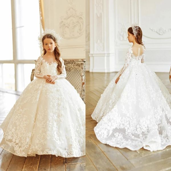 Elegante longo vestidos da menina de flor jóia pescoço mangas completas com renda applique vestido de baile até o chão feito sob encomenda para festa de casamento