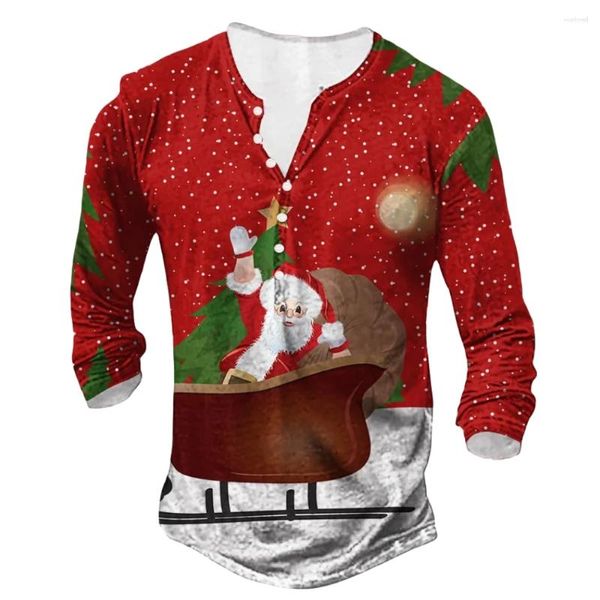 Herren T-Shirts T-Shirts für Männer Weihnachten Grafik Knopf 3D-Druck V-Ausschnitt Langarm T-Shirt Overszied Top Freizeitkleidung