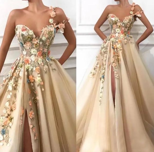 Abiti da sera Champagne Abito da ballo Festa Formale Linea A Applique Perline Personalizzato Taglie forti Cerniera Allacciatura Nuovo Monospalla Senza maniche Tulle Spacchi alti fino alla coscia