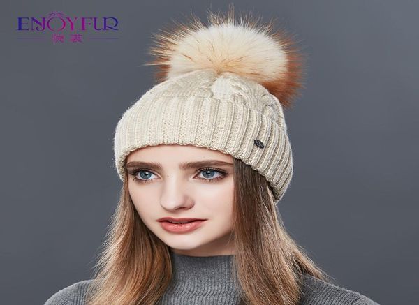 ENJOYFUR Moda Cappelli invernali Berretti Donna Tipo ruvido Cashmere Cappello lavorato a maglia Ragazza femminile Spessore caldo Beanie Pelliccia Pompon Gorro Y20011672107