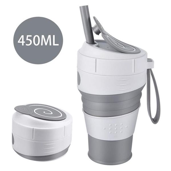 Copo de café dobrável de silicone 450ml, com palha, tampa à prova de vazamento, para viagens, caminhadas, piquenique, produto comestível, bpa, caneca de café dobrável 2254x