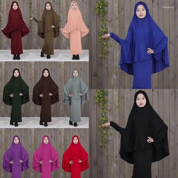 Abbigliamento etnico 2 pezzi Abito Hijab per bambini musulmani Abaya Set Bambini islamici Ramadan Preghiera Burka Ragazze arabe Khamar Foulard Gonna Abito Niqab