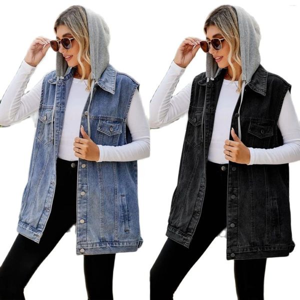 Coletes femininos 2023 outono/inverno sem mangas longo denim colete moda solta destacável com capuz jaqueta casaco roupas casuais S-XL