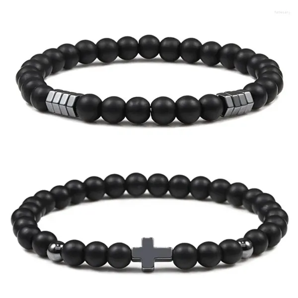 Braccialetti con ciondoli 12 pezzi 6 mm braccialetto con croce di perline nere opache elasticità in ematite per gioielli da donna