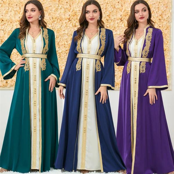 Abbigliamento etnico 2 pezzi Abiti da cerimonia Elegante donna Abaya aperto Abito musulmano Set Ricamo di lusso Cintura Marocchino Caftano Party Jalabiya Eid