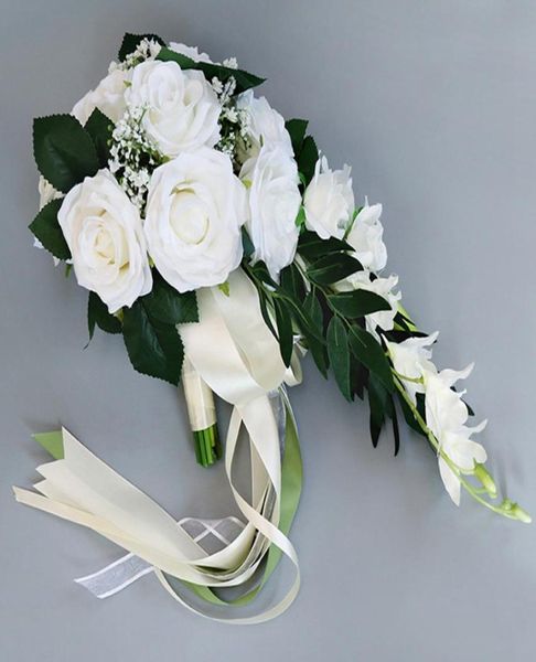 Cachoeira de seda rosa buquê de casamento para damas de honra buquês de noiva branco flores artificiais suprimentos de casamento decoração para casa 4379709