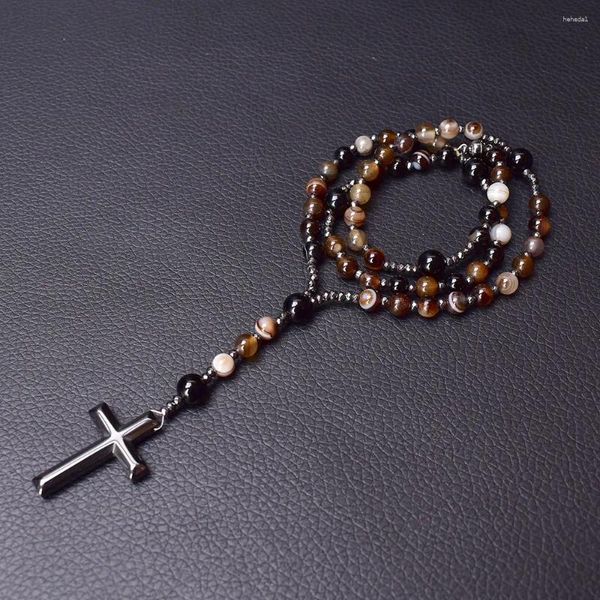 Anhänger Halsketten Katholische Rosenkranz Halskette für Mann Naturstein Braun Streifen Onyx Perlen Kreuz Vintage Frauen Schmuck