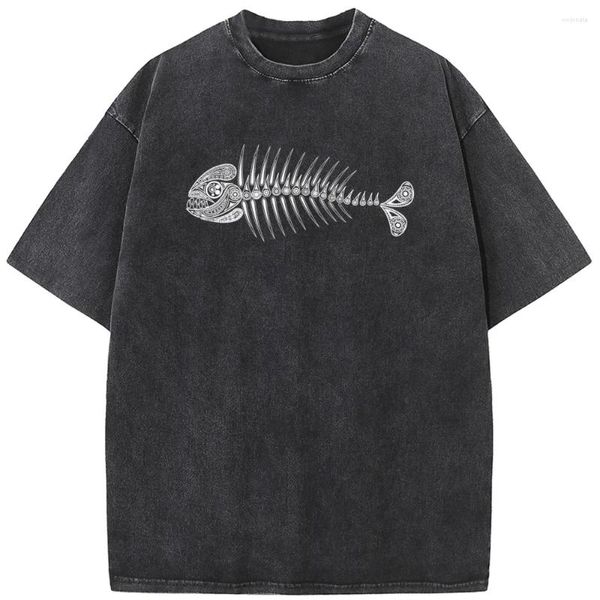 Herren-T-Shirts Totem Fischknochen kurzärmeliges T-Shirt 230 Gramm hochwertig gewaschener altes T-Shirt Vintage Lose