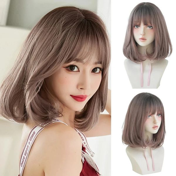 Parrucche Cosplay 36CM Parrucca corta Frangia d'aria Lunghezza spalla Capelli lisci Estremità interna con fibbia Copertura completa per capelli Capelli ricci naturali soffici clavicola 231211