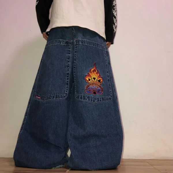 Jeans femininos jnco y2k baggy jeans mulheres vintage chama poker gráfico bordado hip hop streetwear harajuku homens mulheres moda jeans de perna larga 231211