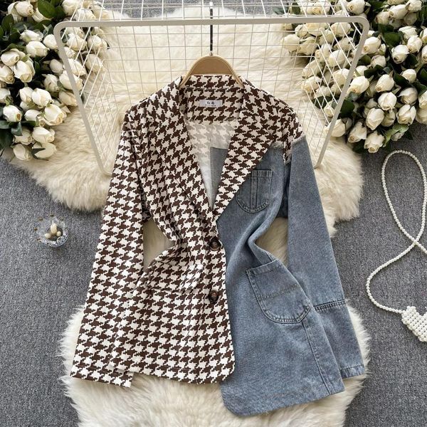 Kadınlar Suits Clothland Kadınlar Zarif Patchwork Blazer Tek Göğüslü Asimetrik Ceket Denim Ofis Giyim Coat Mujer CB053