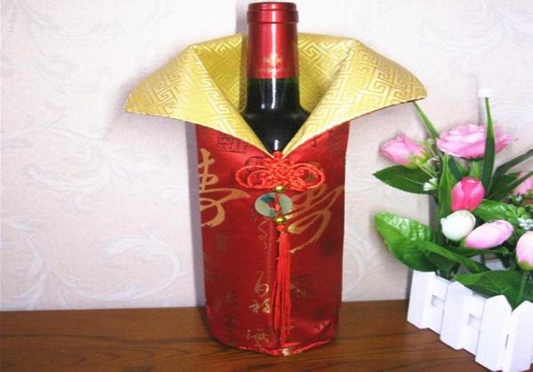 Capa de garrafa de vinho de seda artesanal chinesa com nó chinês ano novo decoração de mesa de natal sacos de cobertura de garrafa sn11309607452