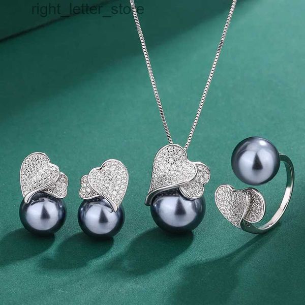 Orecchini a bottone con perle di Tahiti, doppio cuore, collana con zirconi cubici, anello per gioielli da donna, regalo di nozze per amici ospiti, regalo YQ231211