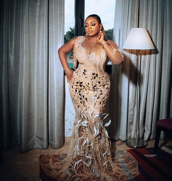 Gold Plus Size Aso Ebi Ballkleider Luxuriöse Meerjungfrau Illusion Spiegel Perlen Spitze Abendkleid Geburtstagsfeierkleider Zweiter Empfang Verlobung Galakleid AM138