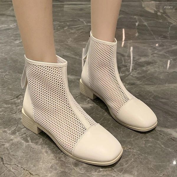 Sapatos de vestido mulheres malha respirável 2024 primavera meados de saltos botas legais sandálias moda dedo do pé quadrado robusto zíper zapatos para mujer