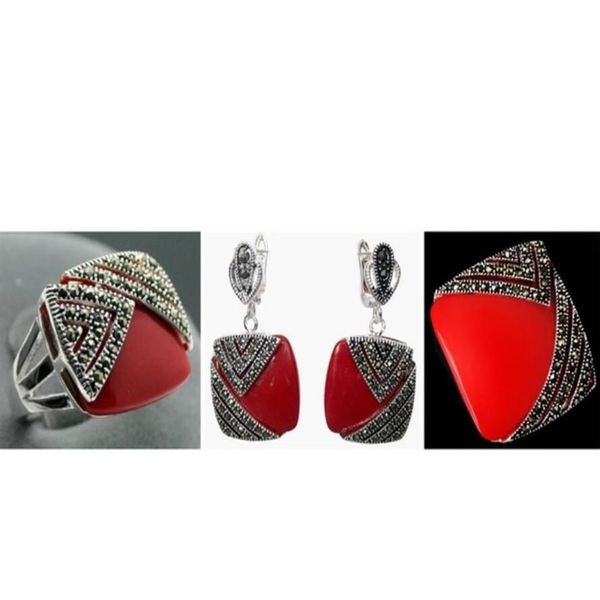 Nobile lacca rossa intagliata Marcasite Anello quadrato in argento sterling 925 # 7-10 Orecchini Set di gioielli Pandent342i