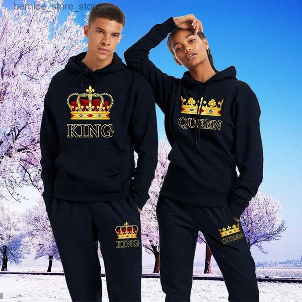 Tute da uomo Uomo e donna Amante Coppie Abbigliamento sportivo Set Corona KING QUEEN Stampa Felpa con cappuccio Tuta sportiva Felpa con cappuccio e pantaloni Streetwear Q231211