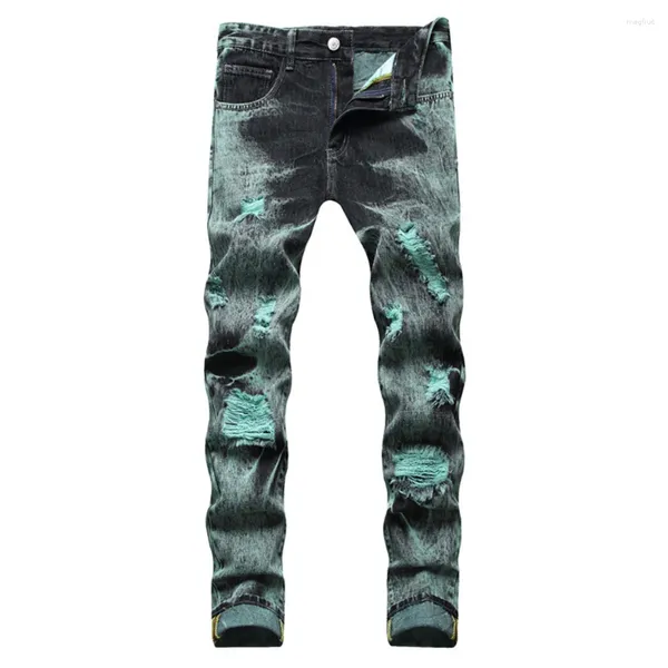 Jeans da uomo Y2K Tie and Dye Denim Streetwear Fori Pantaloni dritti strappati Pantaloni verdi neri