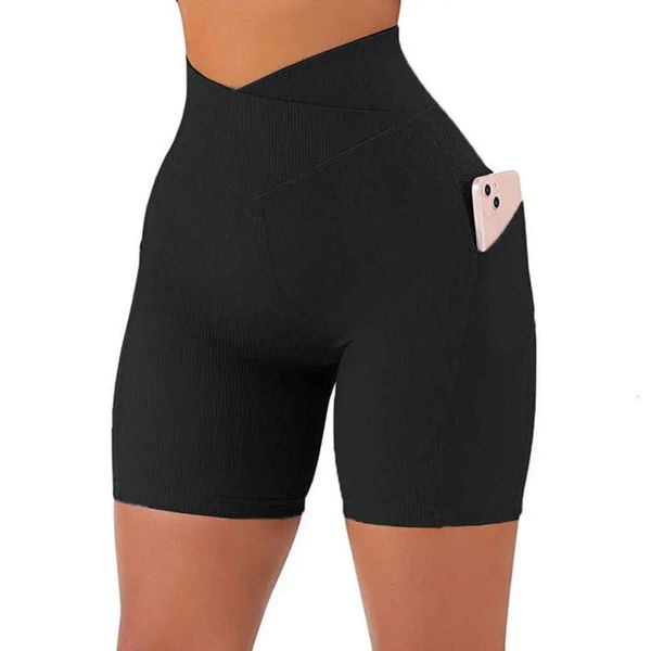 Envelope apertado cintura linha calças de yoga feminino cruz cinto alto bolso moda fiess crisântemo padrão esportes shorts 688ss 2023