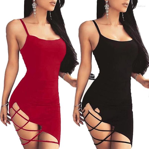 Sıradan Elbiseler Kadın Spagetti Kayış Sırtsız Seksi Kolsuz Yan İçi Boş Çık Mini Sling Kılıf Kalça Partisi Elbise Vestidos