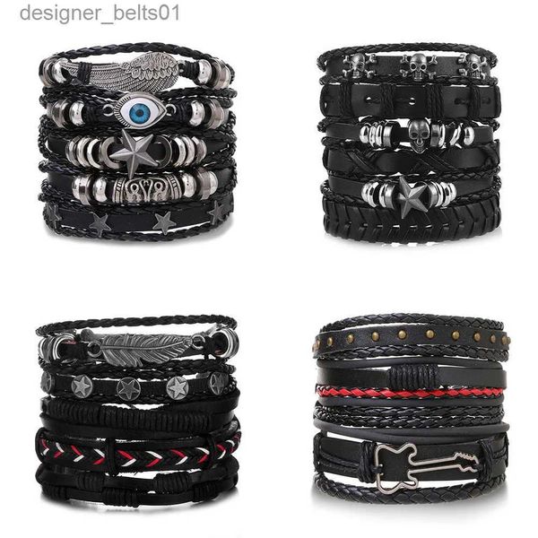 Charme Pulseiras DAXI Punk Multilayer Pulseira De Couro Conjunto Olho Asas Estrela Charms Beads Pulseiras Para Homem Partido Gótico Jóias Punk Wr PulseiraL231214