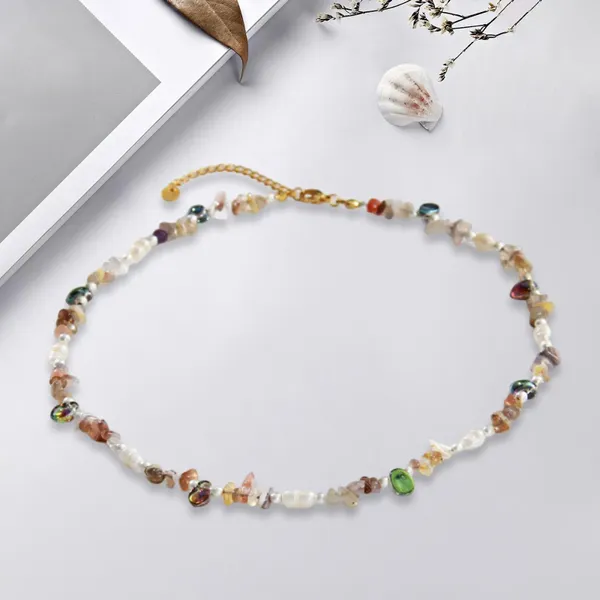 Колье из камня и жемчуга, ожерелье ручной работы, женские украшения, подарок на день рождения, легкий богемный стиль