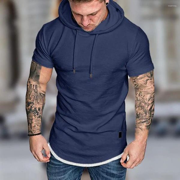 Homens camisetas Casual Homens Camisa Slim Design Com Capuz Cores Sólidas Masculino Moda Esportes Tops Manga Curta