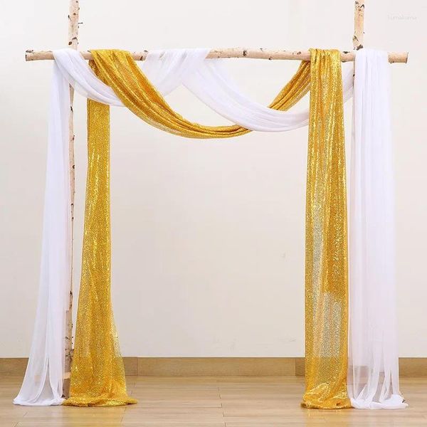 Decorazione per feste 2 pezzi Paillettes Oro Chiffon Bianco Arco nuziale Drappeggio Tessuto Glitter Sfondo Panno per Decorazioni per ricevimenti di compleanno