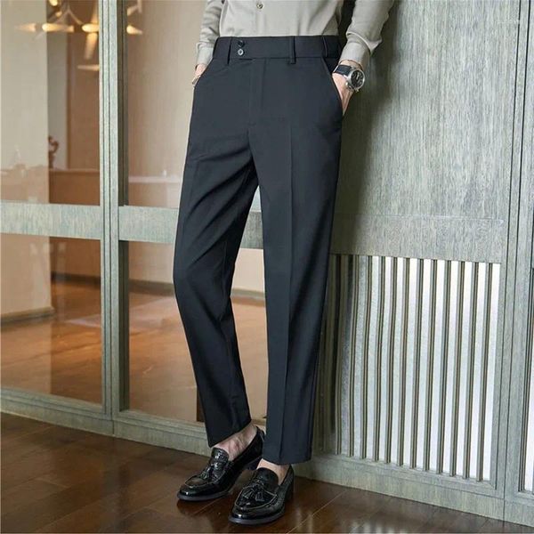 Calças masculinas design mens casual terno estiramento cintura estilo britânico trabalho de negócios cavalheiro longo calças retas preto cinza