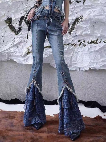 Damen-Jeans, gewaschen, hoch tailliert, mikro ausgestellt, für Damen, amerikanische Retro-Jeans mit weitem Bein, modische Mädchen-Rand-Patchwork-Hose