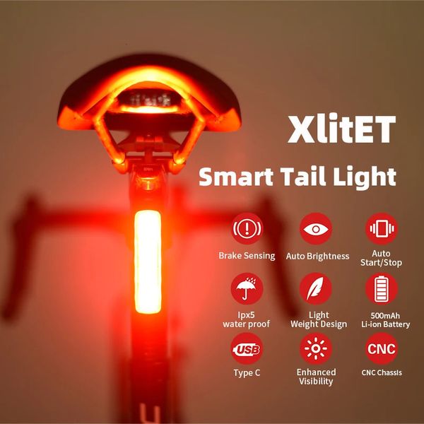 Luzes de bicicleta Enfitnix XlitET Luzes traseiras de bicicleta Auto Start Stop traseira inteligente lanterna traseira USB tipo C carregamento à prova d'água luz de detecção de freio 231212