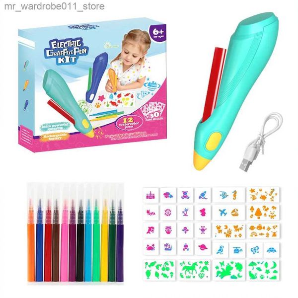 Pennelli per acquerello Set di penne per graffiti elettriche per bambini Spray magico Pennarelli per pittura artistica lavabile Airbrush BlowPen Ricaricabile 3 Stencil Doodle Drawing Q231212