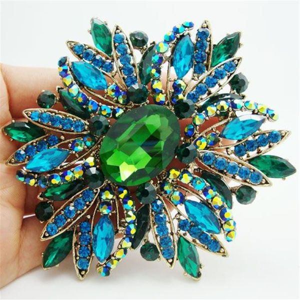 Bütün - 2014 Yeni Moda Zarif Çiçek Altın Kaplama Büyük Broş Pin Yeşil Rhinestone Crystal300n