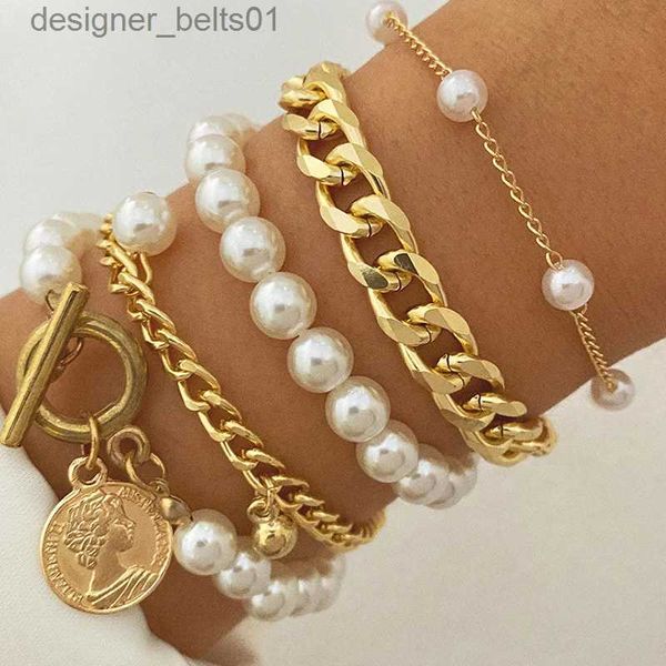 Charm Armbänder Boho Mode Armbänder für Frauen Neue Vintage Geometrische Perle Menschlicher Kopf Münze Anhänger Gold Farbe Schmuck Geschenk Für Frau B029L231214