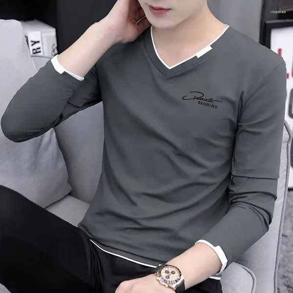 Männer T Shirts Mode V-ausschnitt Gespleißt Alle-spiel T-Shirt Kleidung 2023 Herbst Übergroßen Casual Pullover Lose Koreanische T hemd