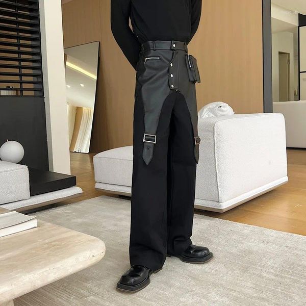 Pantalones para hombres 27-43 High Street Otoño 3D Bolsillo Diseño deconstruido Pu Cuero Patchwork Cargo Plus Tamaño Ropa Pantalones casuales